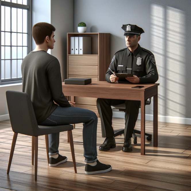 A man sitting at a desk talking to a police officer